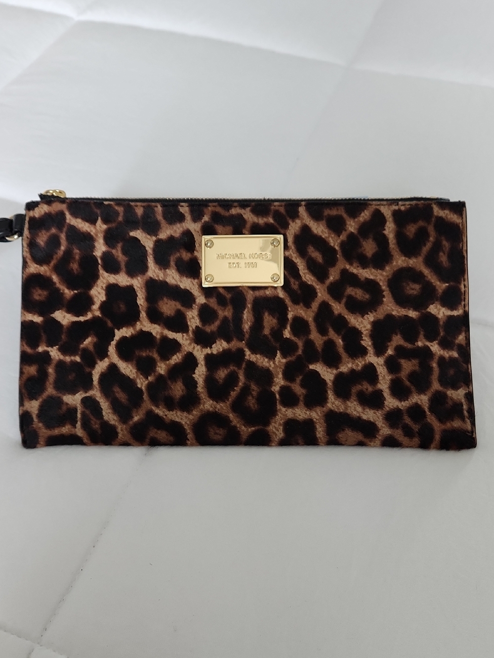 Michael Kors Calf Hair Leopard Print Wristlet in Brown and Black with Gold Plate